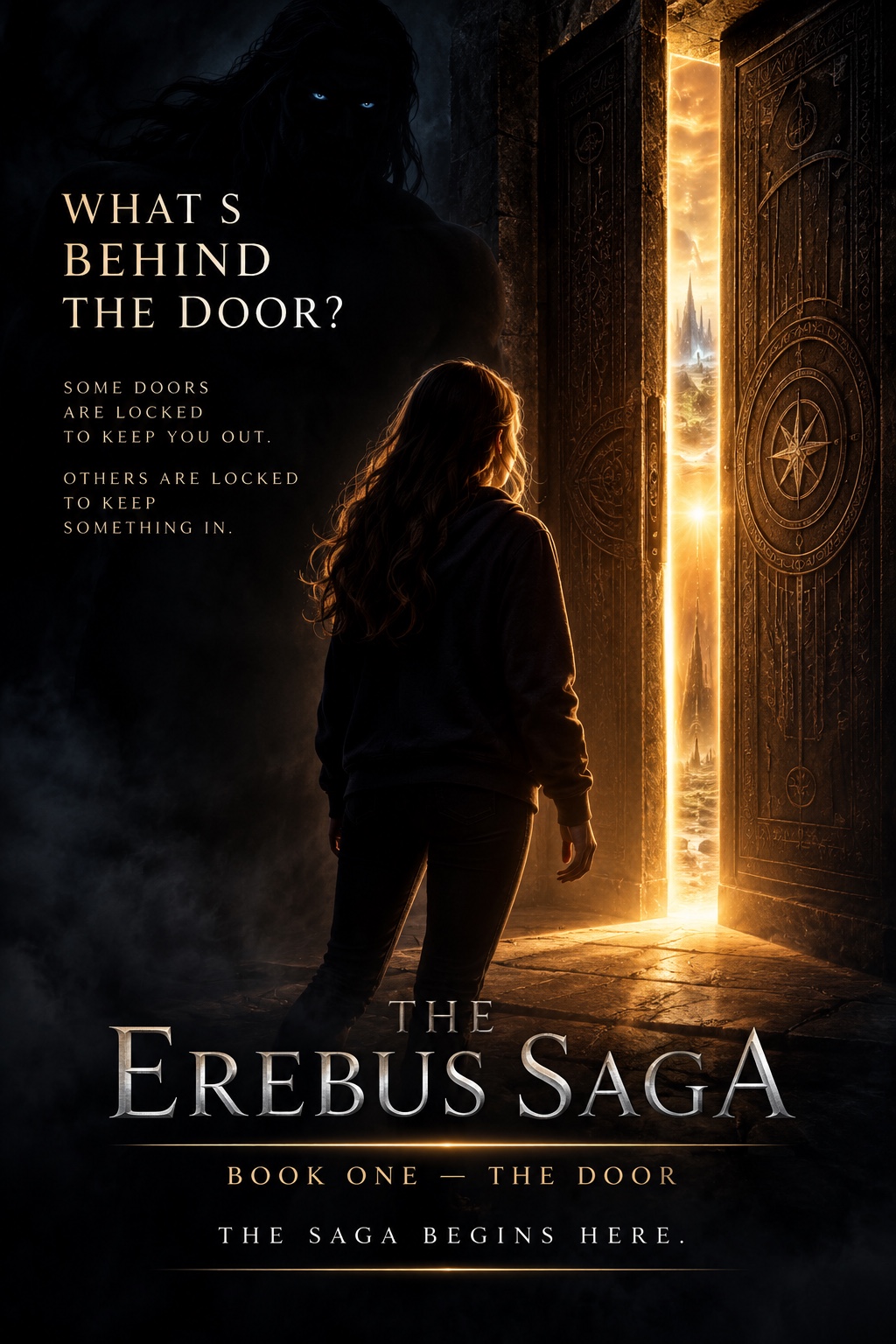 Nevaeh facing an ancient glowing doorway with a shadowed figure watching